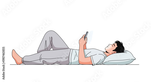 Man lying on bed with pillow. Person relaxing and using smartphone. Vector illustration of young adult on bed. Simple line style drawing. White background. Modern minimalist design.