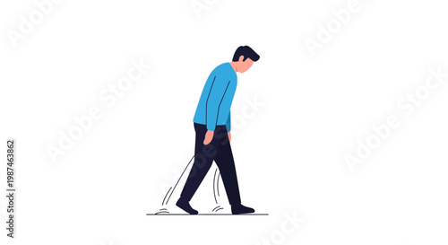 Man walking with cane. Adult male character. Blue shirt. Black pants. Simple illustration. Vector design. White background. Disability awareness symbol. Person with mobility aid. Daily life