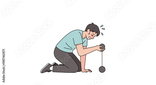 Man kneeling down. Person struggling with heavy weight. Fitness and exercise concept. Vector illustration on white background. Adult man lifting dumbbell. Heavy workout. Man with dumbbell.
