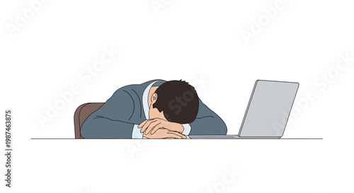 Tired businessman sleeping at desk. Man lying on table with laptop. Exhausted employee resting. Office worker burnout. Vector illustration on white background.