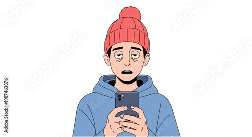 Cartoon man in red beanie. Person holding smartphone. Vector illustration of guy in blue hoodie. Mobile phone user. White background.