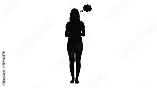 Silhouette of a woman with a thought bubble above her head on a white background