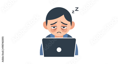 Tired businessman sleeping at laptop. Man falling asleep at computer. Exhausted employee. Vector illustration. Office worker. Fatigue concept. White background.