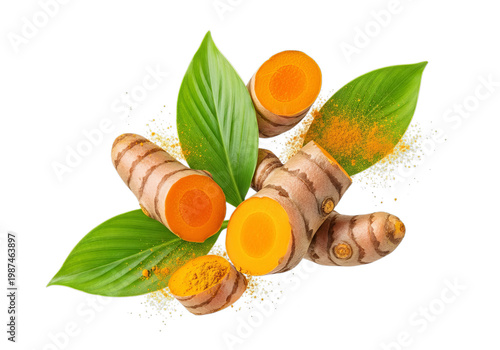 Fresh turmeric roots and leaves isolated showing vibrant orange spice and green foliage