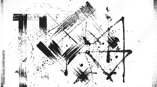 Abstract black ink brush strokes and geometric shapes with abstract art modern art hand drawn abstract geometric scribble monochrome distressed artistic creative background splatter