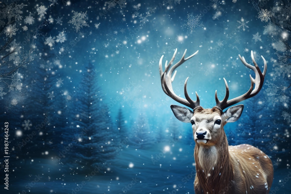 Naklejka premium Deer with antlers looking forward in a wintry landscape with falling snowflakes