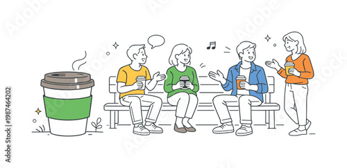 Casual coffee break in a social setting where friends or coworkers share a short relaxing moment together, visualized through a takeaway coffee cup and a simple bench as