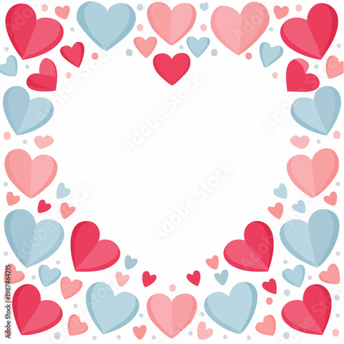 A colorful heart frame with red, pink, and blue hearts around a white empty space for a photo or illustration on a festive background.