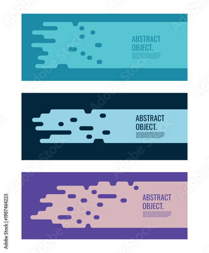 A set of vector abstract geometric web banners with rounded pixel shapes. This collection features three horizontal banners in blue, dark blue, and purple. 