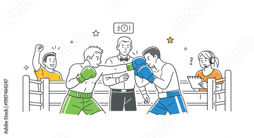 Boxing match scenario where two athletes compete in a structured sporting event inside a ring, visualized through a boxing ring and gloves as the main elements,