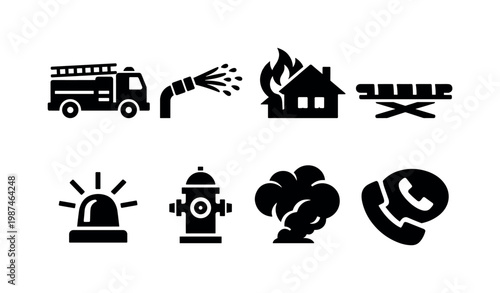 Fire rescue operations: fire truck, water spray, burning house, rescue stretcher, emergency siren, hydrant, smoke cloud, emergency call phone.