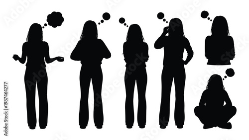 Silhouettes of women in various poses each accompanied by thought bubbles