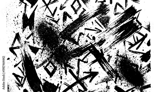 Abstract monochrome pattern of geometric symbols and hand drawn runes with heavy grunge brushstrokes street art hip hop geometric abstract background monochrome triangles brushstroke artistic