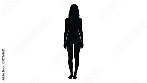 A full body silhouette of a woman standing against a stark white background