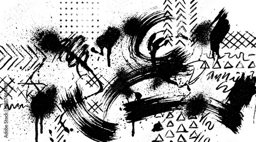 Dynamic black and white abstract grunge pattern with paint splatters and diverse brush stroke textures brush strokes hand drawn street art modern art artistic expression distressed effect