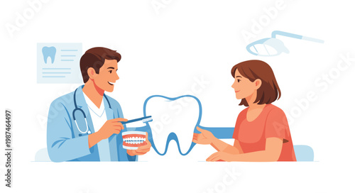 A dentist consulting with a patient in a calm clinical setting, explaining proper dental hygiene practices and preventive care, visual metaphor of two figures connected
