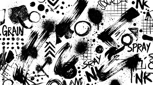 Black grunge ink splatter and grain texture background with handwritten text elements and abstract marks rough edges splatter background artistic creative decorative backdrop contemporary