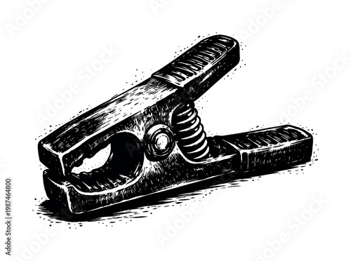 A heavy industrial spring clamp shown in a three-quarter perspective, enlarged to dominate the frame as a compact mechanical object on a clean white background, the jaws