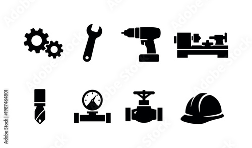 Industrial machinery and tools: gear system, wrench, drill machine, lathe, cutting tool, pressure gauge, valve pipe, safety helmet.