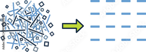 Abstract concept of chaos to order transition with tangled lines and organized rows for productivity and data management