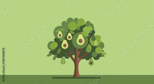 Minimalist illustration of an avocado tree with ripe fruits and sliced halves on a green background.