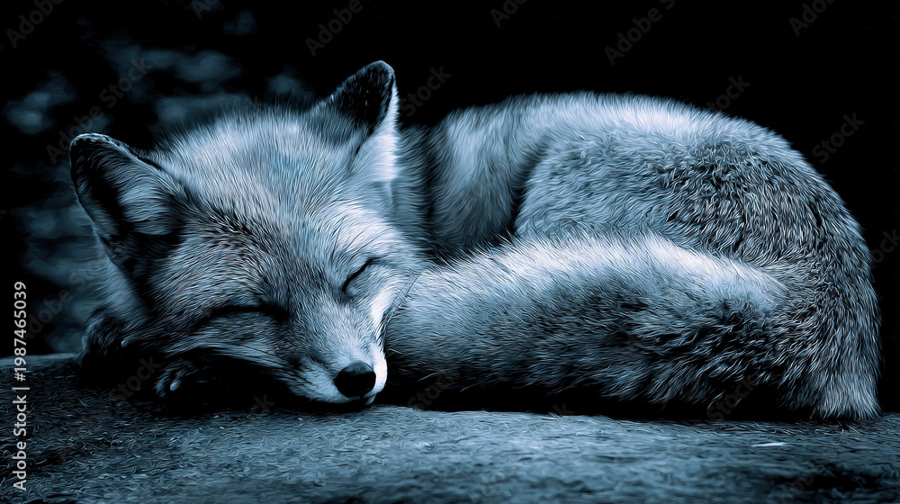 Fototapeta premium Fox Resting on Wooden Surface in Monochrome