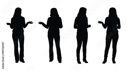 Four women stand in silhouette each with arms outstretched in a questioning gesture