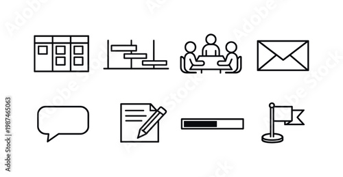Project collaboration workflow: kanban board, timeline chart, team meeting table, email envelope, comment bubble, document edit pencil, progress bar, flag marker.