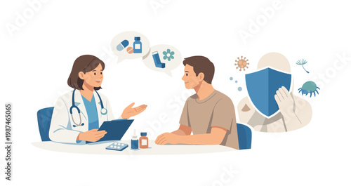 A patient consulting with a healthcare professional about allergy symptoms in a calm clinical setting, discussing treatment options and prevention strategies for everyday