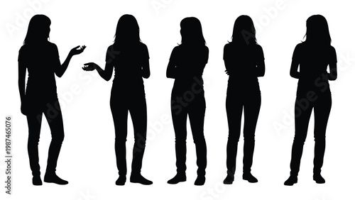 Silhouettes of five women standing in a row exhibiting various poses and body language