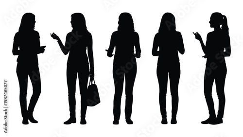 Silhouettes of five women standing in a row each with distinct poses and gestures