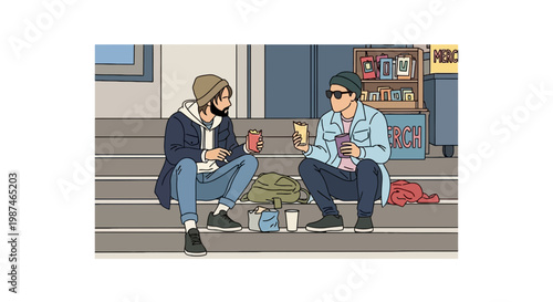 Two Young Men Eating Fast Food and Talking on City Stairs