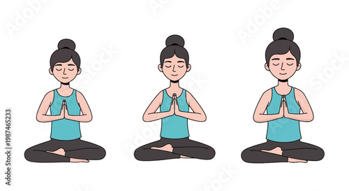 Vector illustration of three women meditating in lotus yoga pose