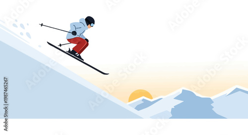 Skier Jumping on Snow Mountain Slope Vector Illustration