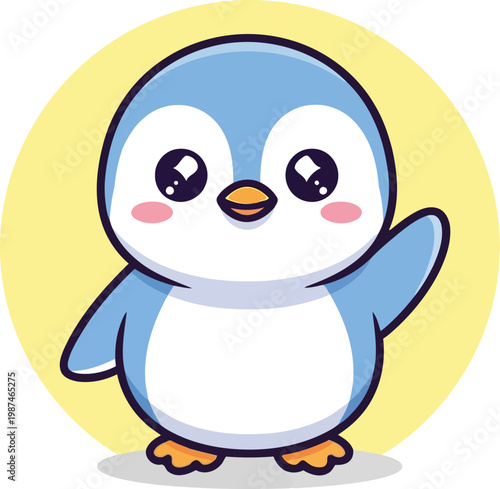 Cute loving penguin character with heart eyes waving hello for valentines day and appreciation concept