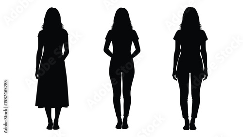 Three female silhouettes stand in a row showcasing different body shapes and clothing styles