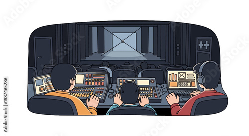 Production Team Operating Control Panels in a Theater Illustration