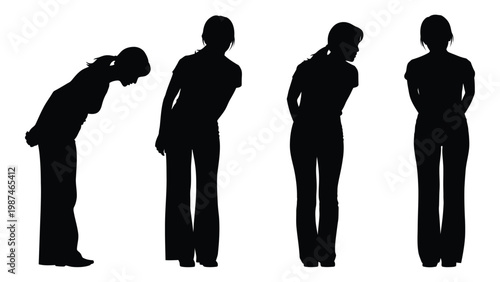 Four female silhouettes demonstrate varying degrees of body posture and bending forward