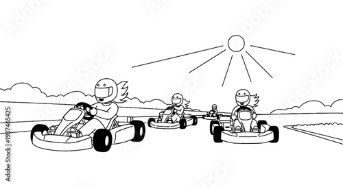 Go Kart Racing Competition Line Art Illustration