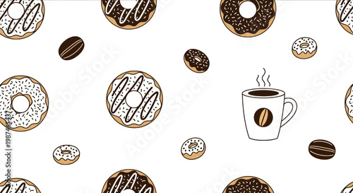 Seamless Vector Pattern of Donuts Coffee Mugs and Beans