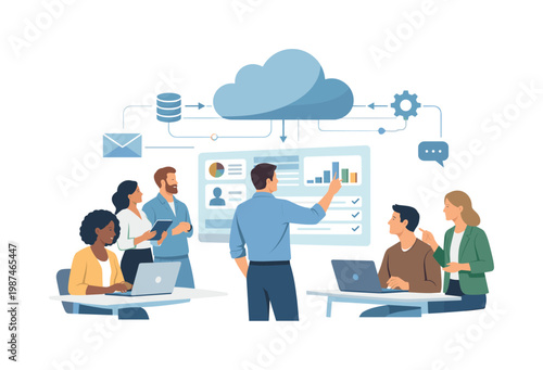 Modern workplace collaboration scenario where diverse professionals interact with digital tools and connected systems in a shared environment, symbolized by a human
