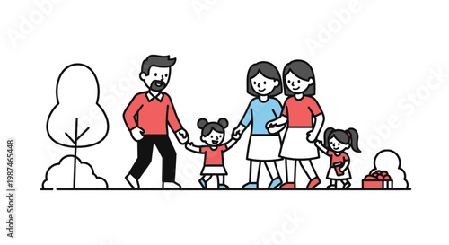 Flat vector illustration of a happy family walking in the park