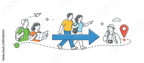 A travel and wayfinding concept where individuals rely on visual indicators to reach destinations and understand routes, depicted through a simple scene with a map line