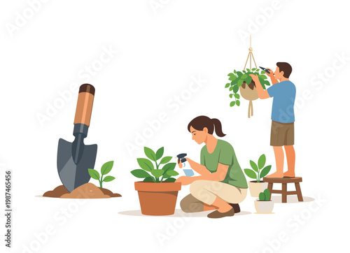 Outdoor hobby and personal care theme where tending plants becomes a relaxing routine that enhances living spaces and mental clarity, represented by a simple shovel