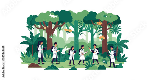 Scientists Exploring Forest for Ecological Research Illustration