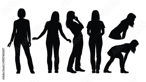 A collection of five silhouetted female figures in various poses and one bent over