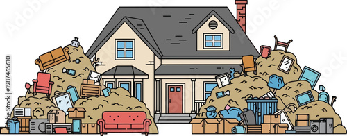 House surrounded by huge piles of garbage and furniture for hoarding or junk removal concept