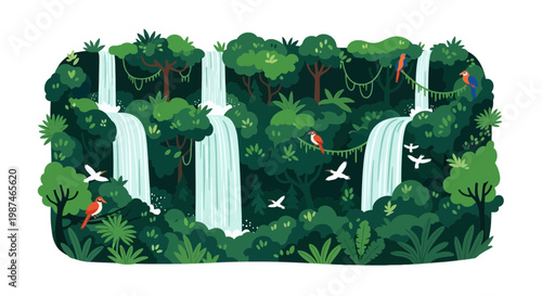 Lush Tropical Rainforest Illustration with Waterfalls and Exotic Birds