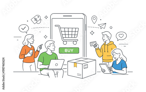 A modern e-commerce scenario where customers browse and purchase products conveniently from digital platforms, illustrated through a clean scene featuring a shopping cart