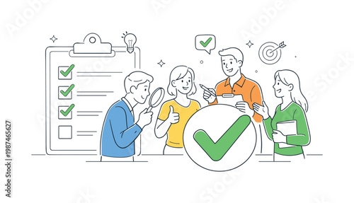 A structured evaluation and decision validation scene featuring a small group confirming outcomes around a large checklist and a checkmark, using a simple visual metaphor